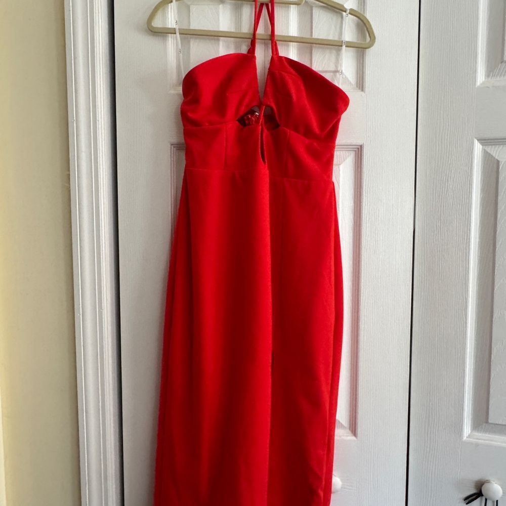 Lulu's Sultry Muse Red Cutout Halter Bodycon Dress with Slit